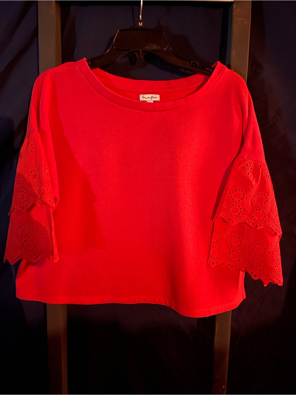 love, Fire Red Eyelet Tiered Sleeve Tunic Top